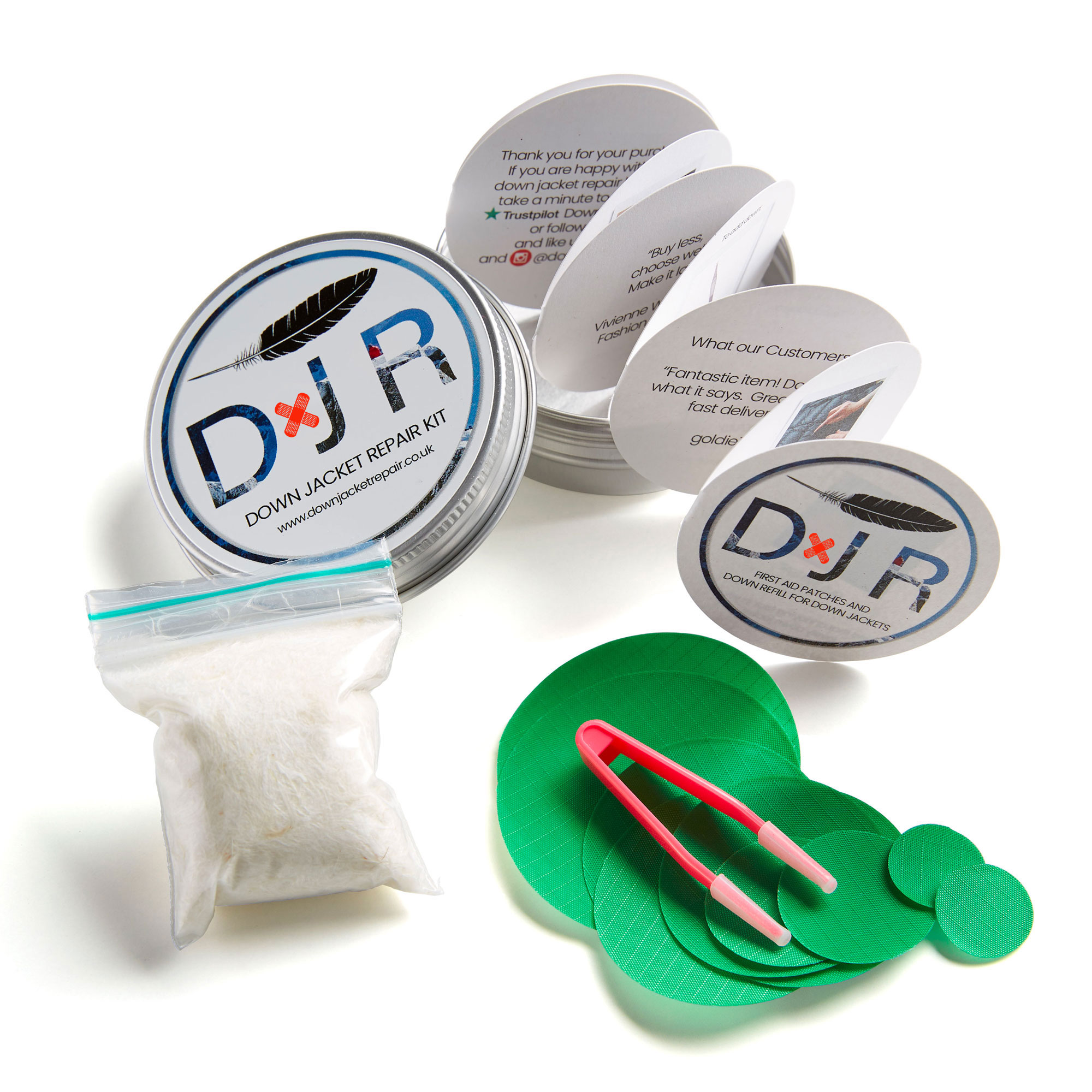jacket repair patch kit and goose down refill kit mid green