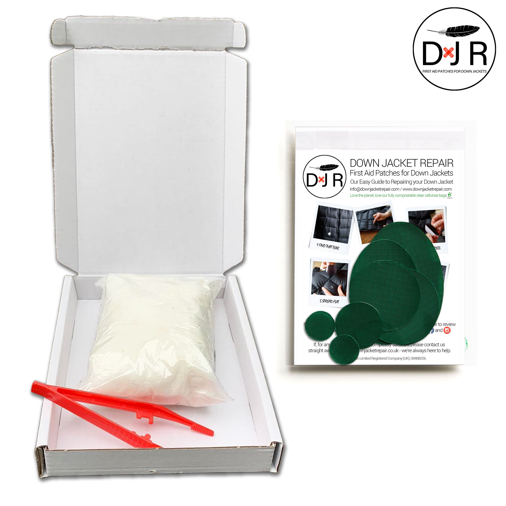jacket repair patch kit and goose down refill kit bottle green