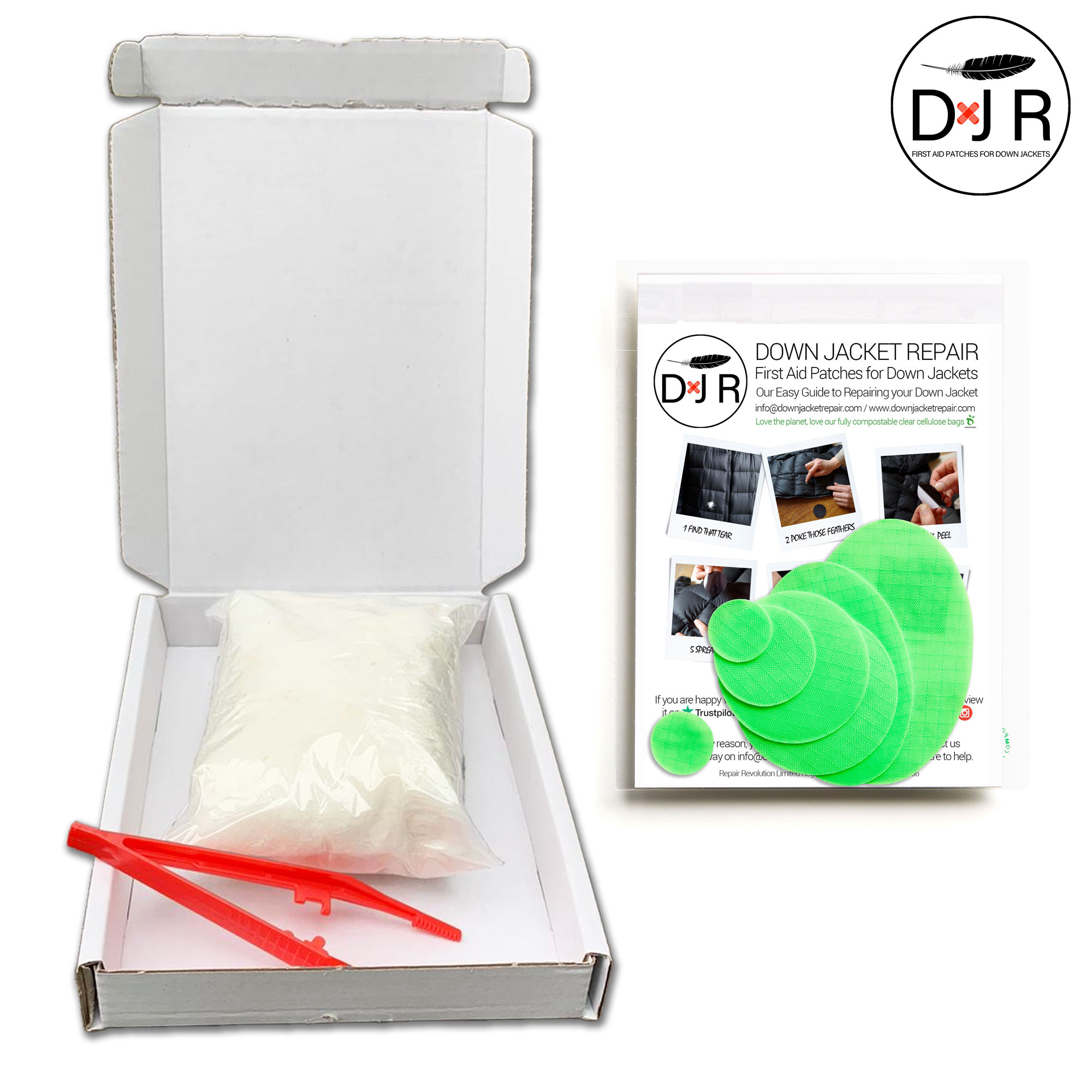 jacket repair patch kit and goose down refill kit fluro green