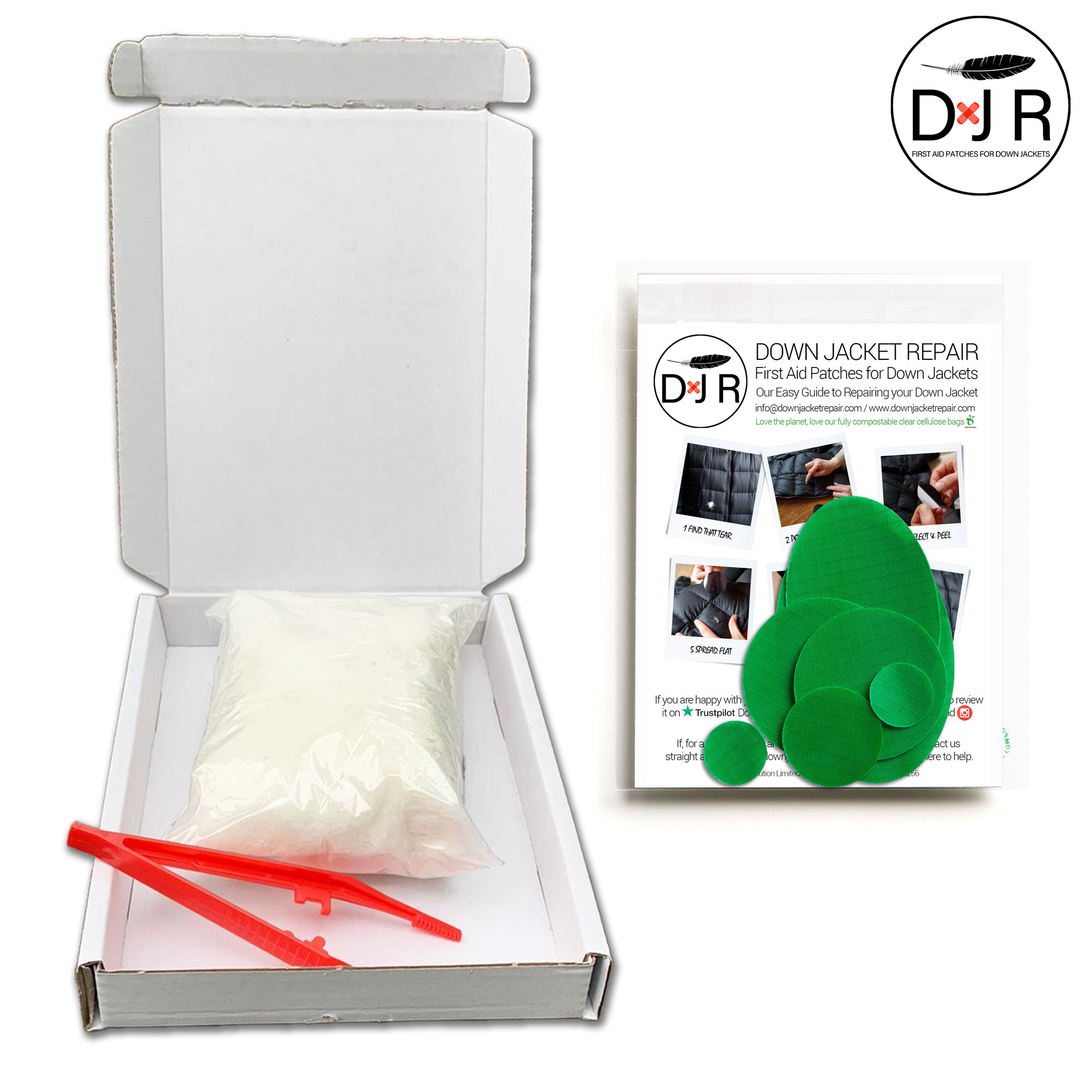 jacket repair patch kit and goose down refill kit mid green