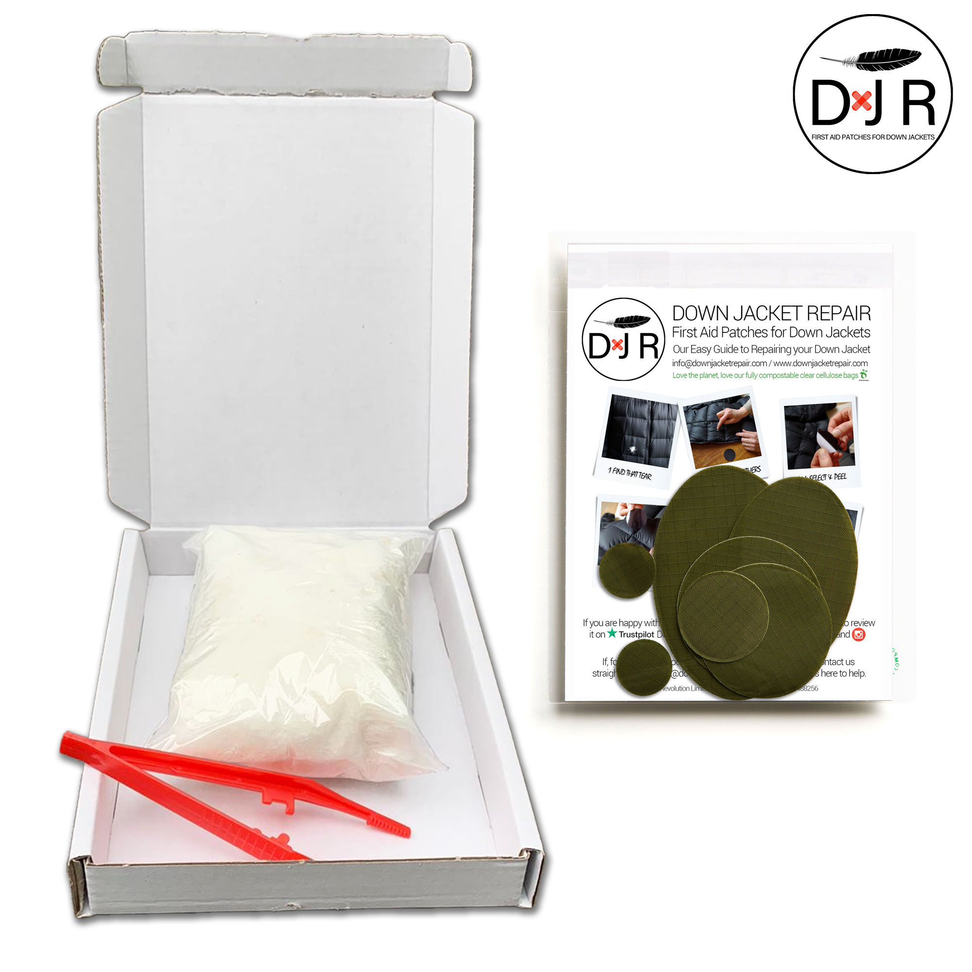 jacket repair patch kit and goose down refill kit olive green