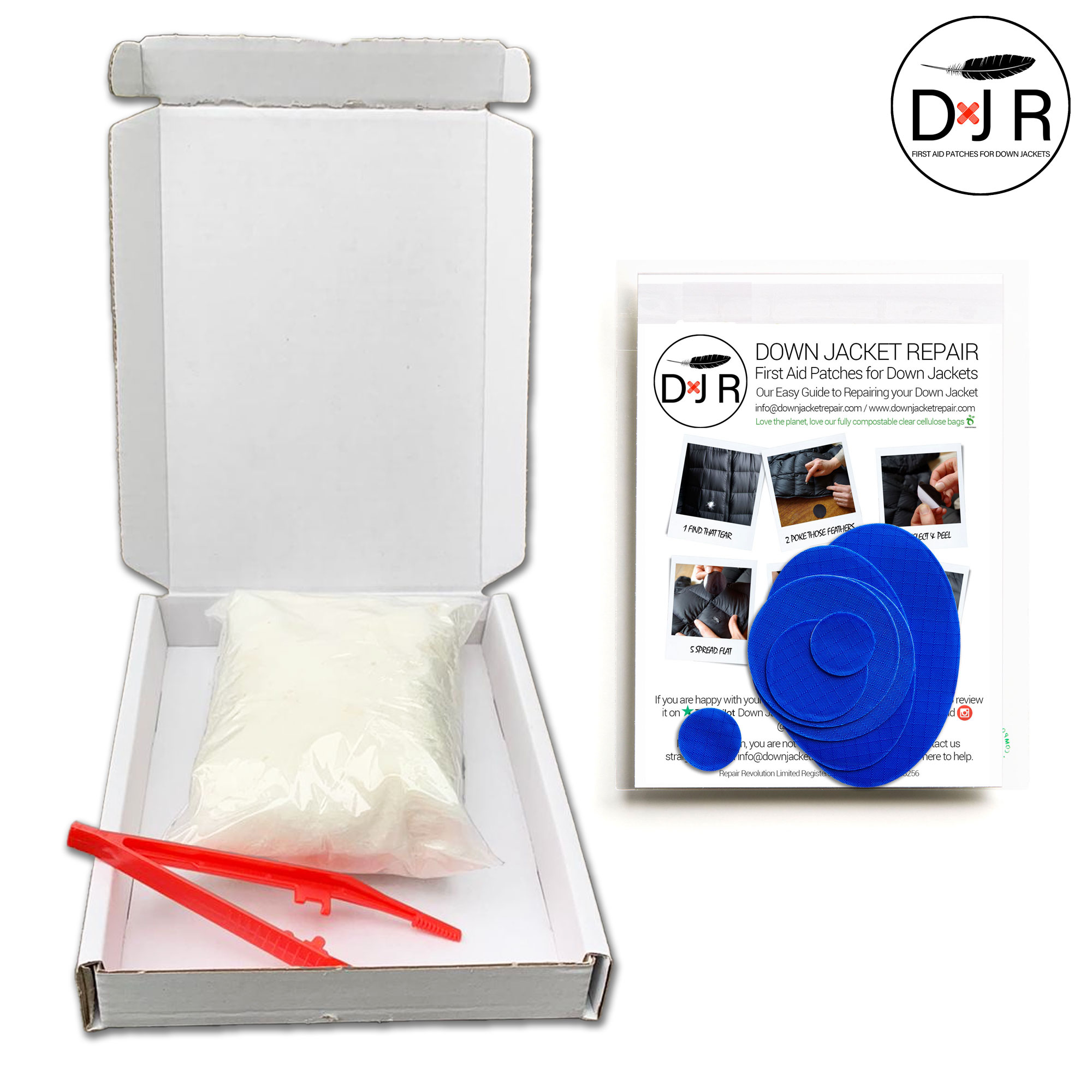 jacket repair patch kit and goose down refill kit royal blue