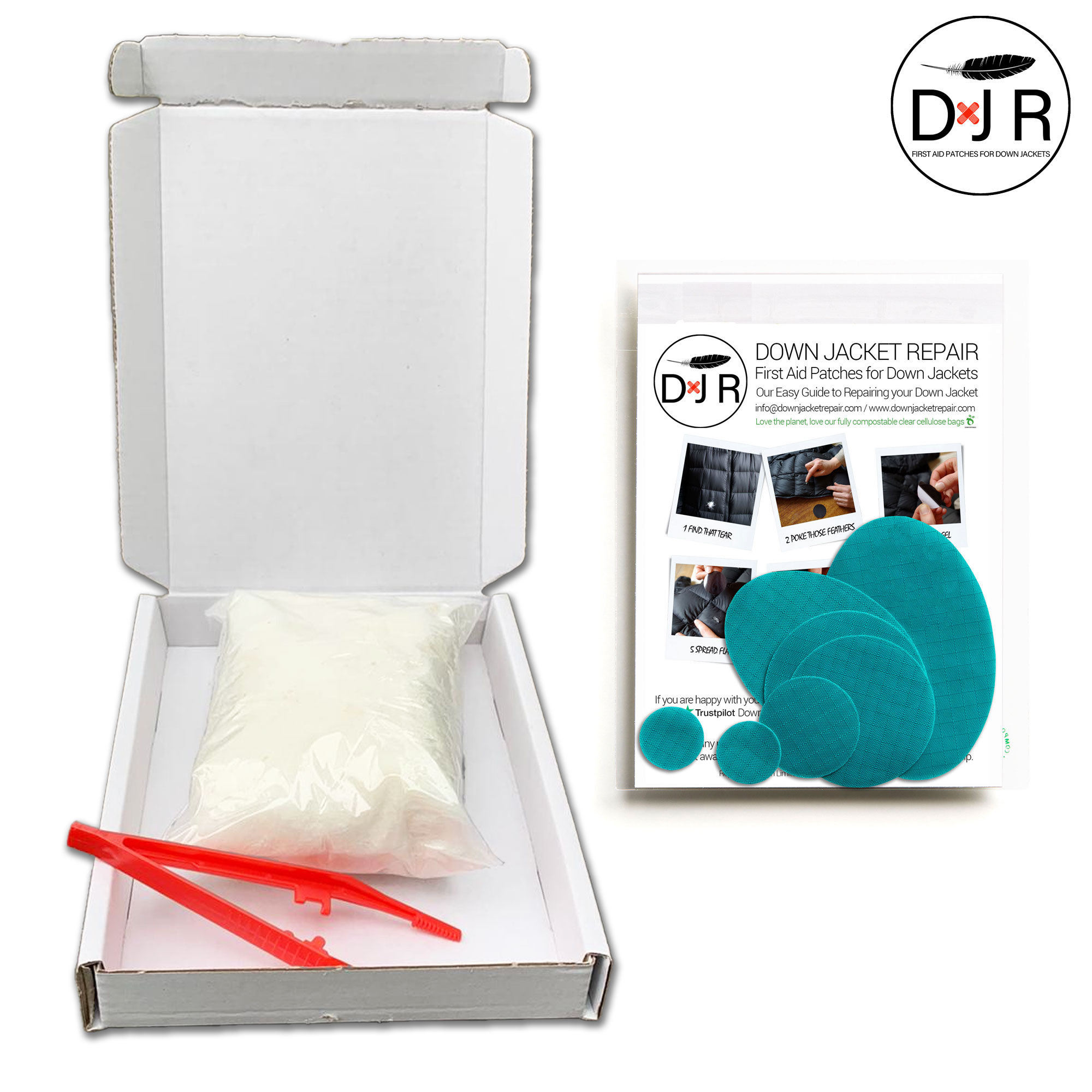 jacket repair patch kit and goose down refill kit sea green